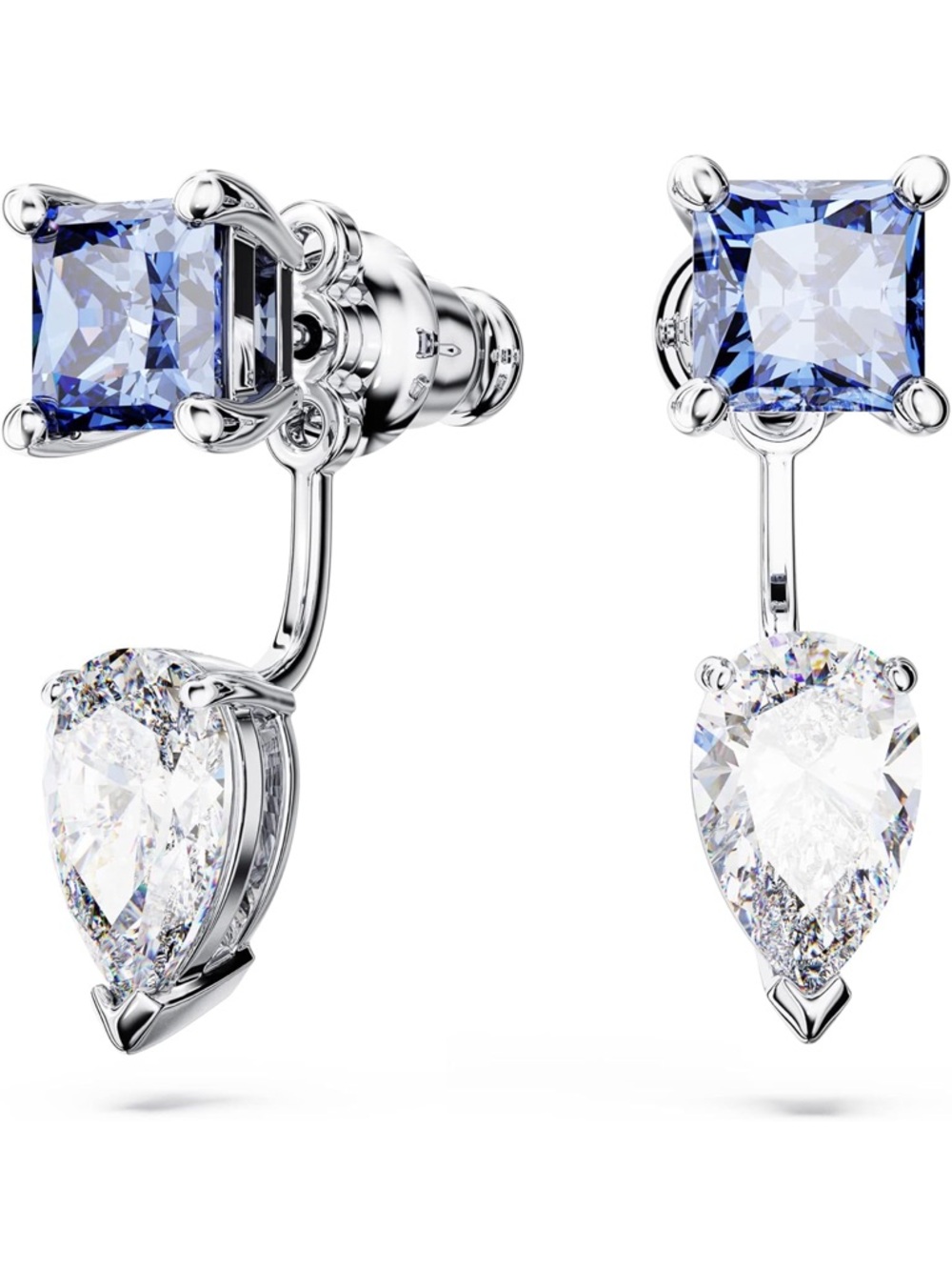 Swarovski Mesmera Silver Drop Earrings Blue Square & Clear Teardrop Stones - New